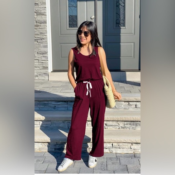 🆕 PrettyGarden Women Sleeveless Solid Jumpsuit Crewneck Drawstring Long Romper - Picture 2 of 3